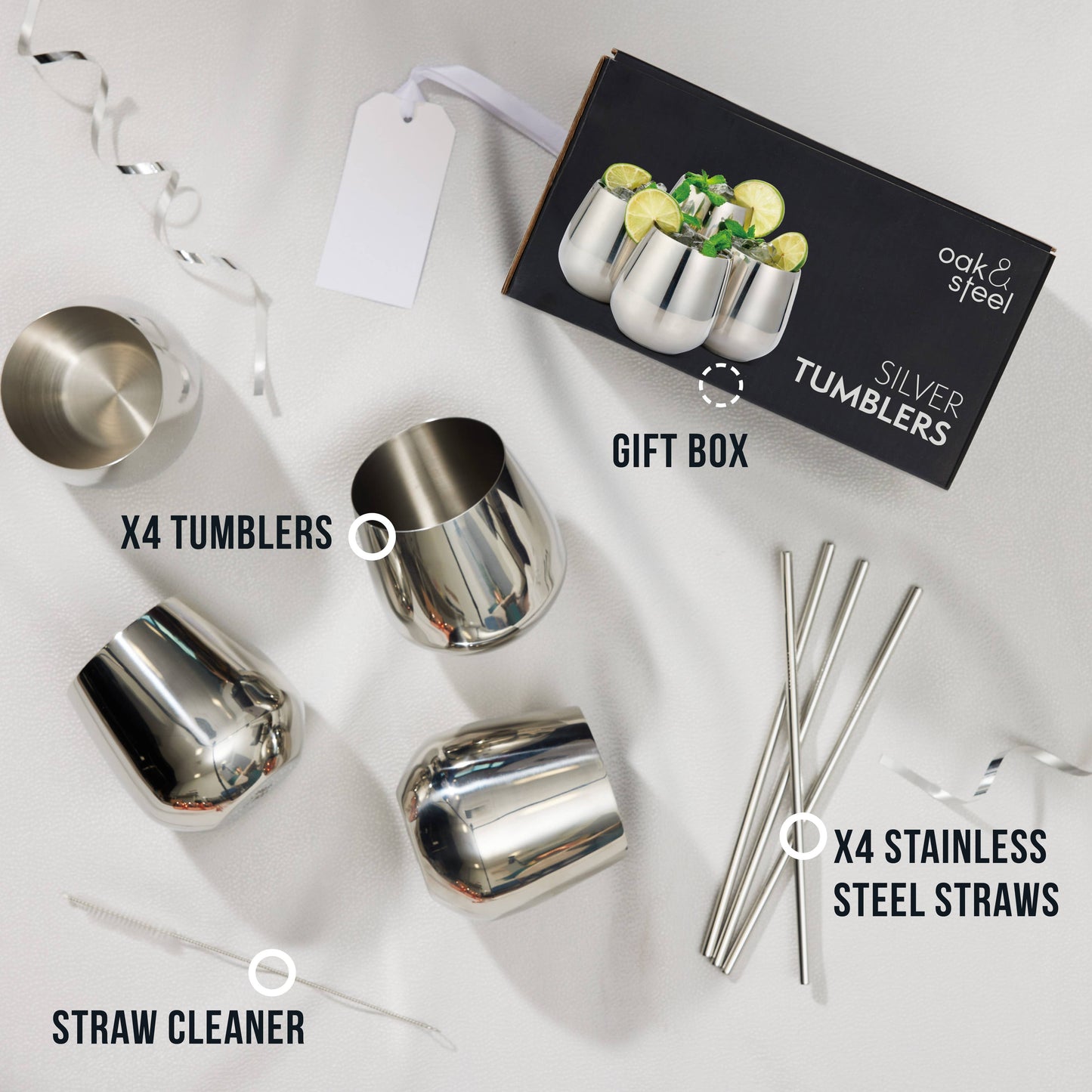 4 Silver Tumblers with Straws