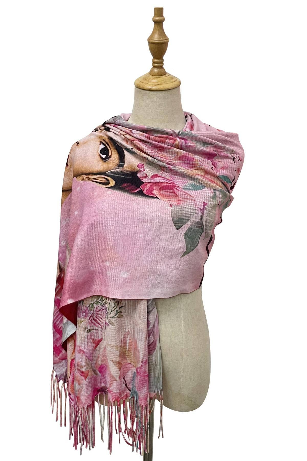 Frida-Inspired Mexican Art Floral Portrait Print Wool Tassel Scarf Pink
