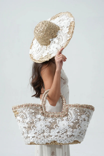 White Lace Straw Hat White
