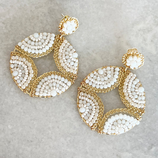White & Gold Round Handmade Earrings