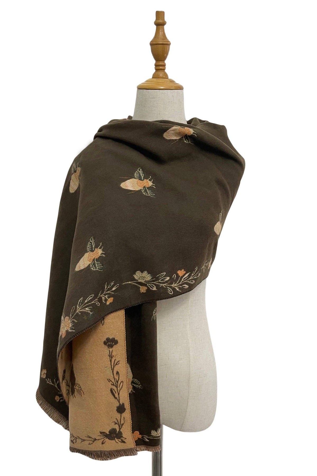 Bee & Floral Soft Woven Frayed Scarf Brown
