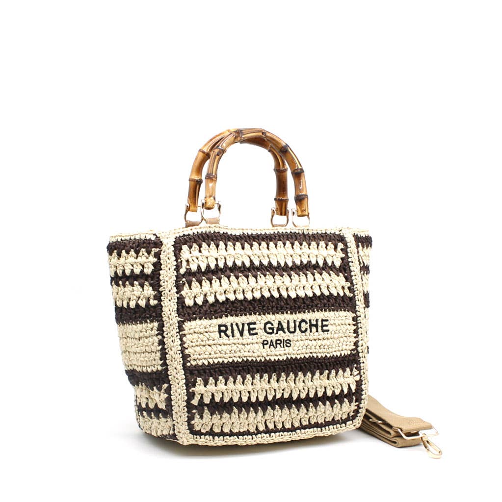 Woven Paper Tote Bag With Rive Gauche Handles- Beige-Marron