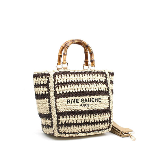 Woven Paper Tote Bag With Rive Gauche Handles- Beige-Marron