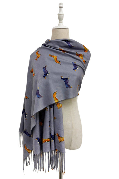 Dachshund Sausage Dog Print Tassel Scarf- Grey