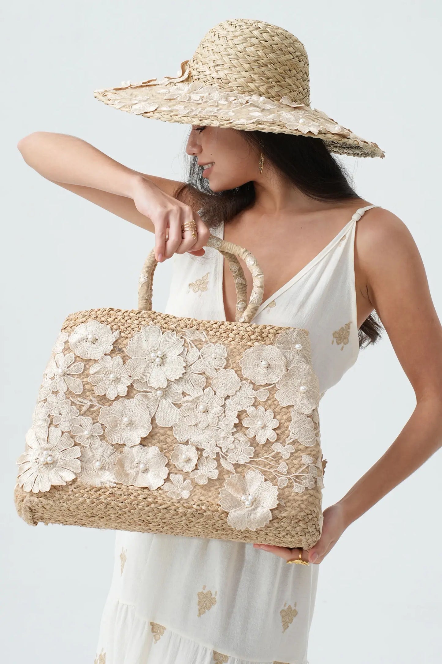Straw Tote Bag With Floral Lace And Pearls White