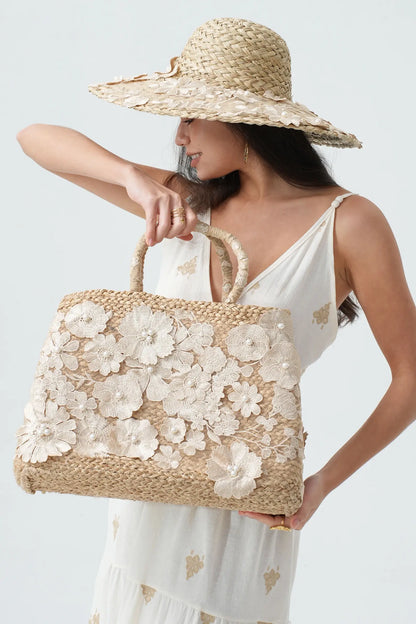 Straw Tote Bag With Floral Lace And Pearls White