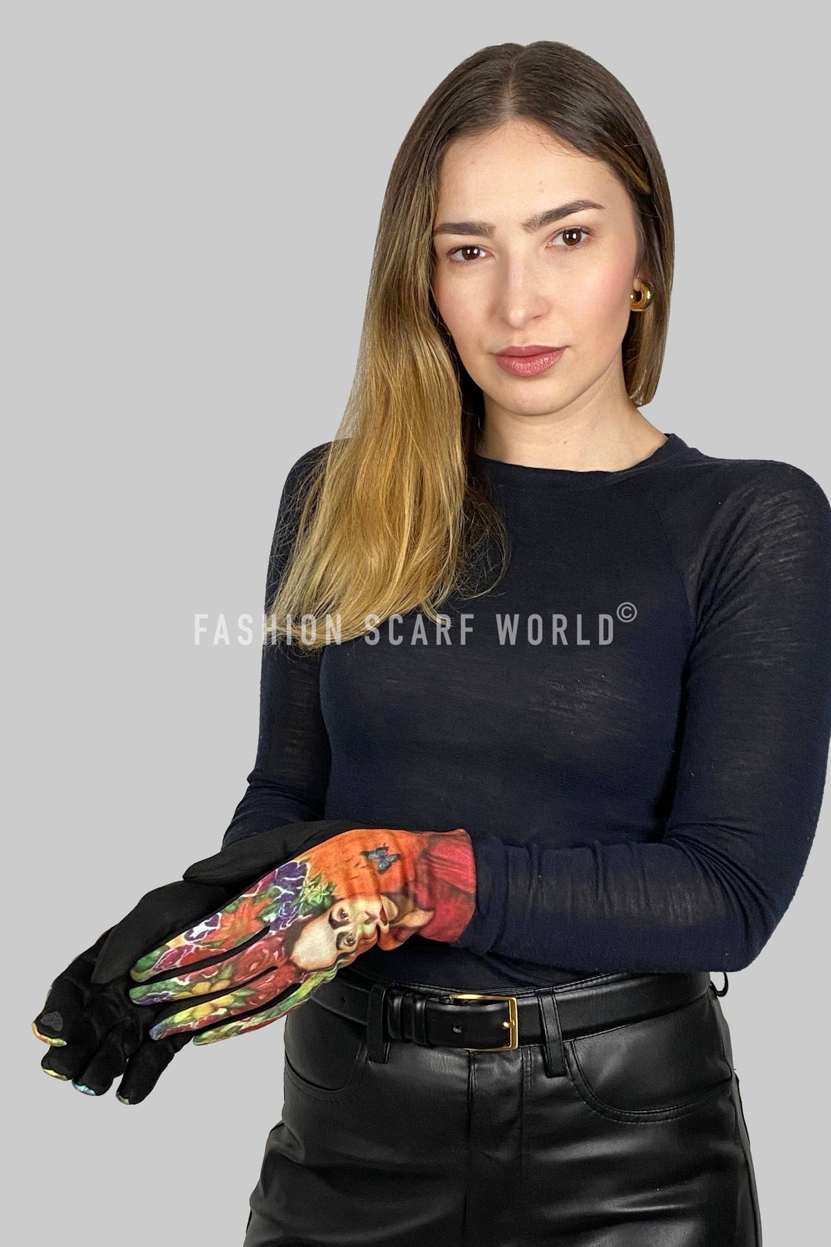 Frida-Inspired Mexican Art Print Suede Touchscreen Gloves- Black