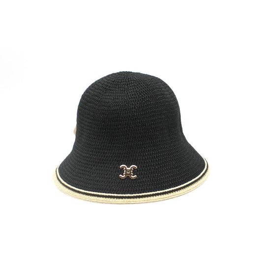 Braided Straw-effect Bucket Hat With Metallic Logo Black