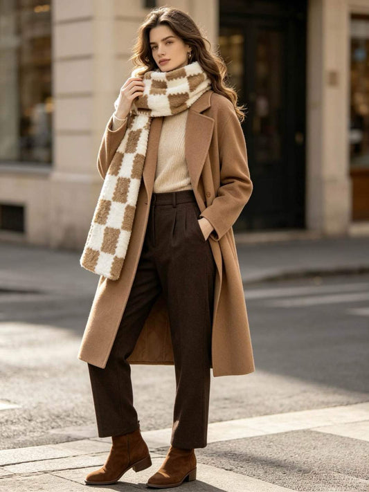 Women's Long Checkered Plush Scarf Beige