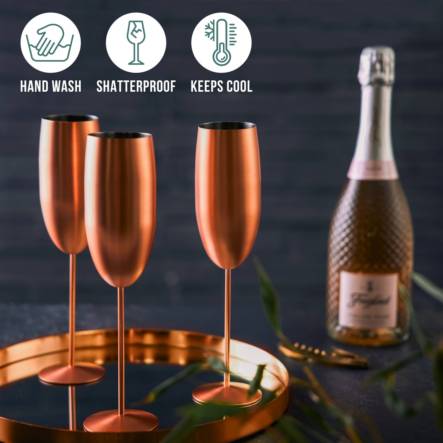4 Matte Rose Gold Champagne Flutes