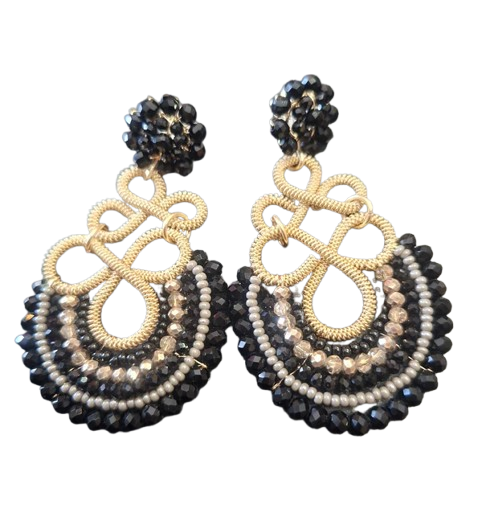 Handmade Crystal And Pearl Earrings Black (Q505)