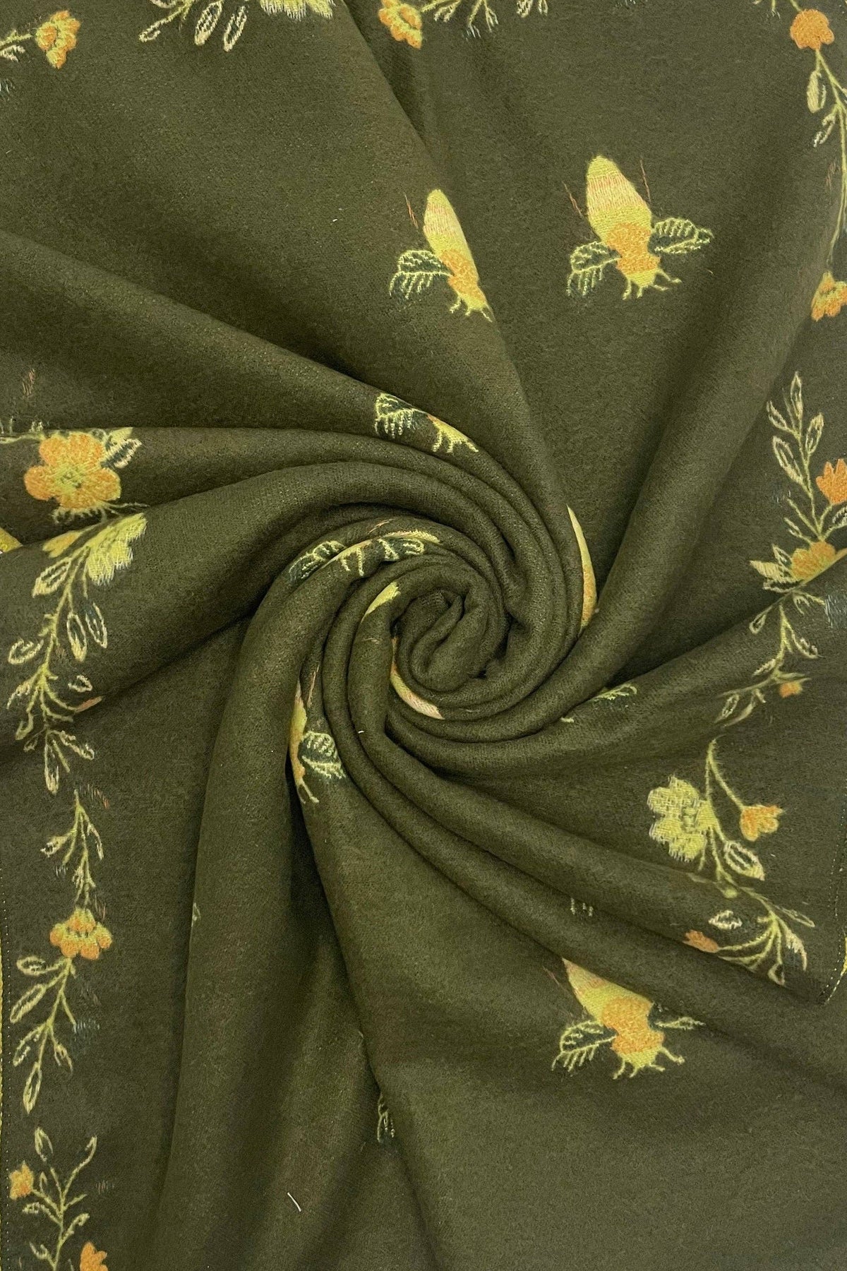 Bee & Floral Soft Woven Frayed Scarf Brown