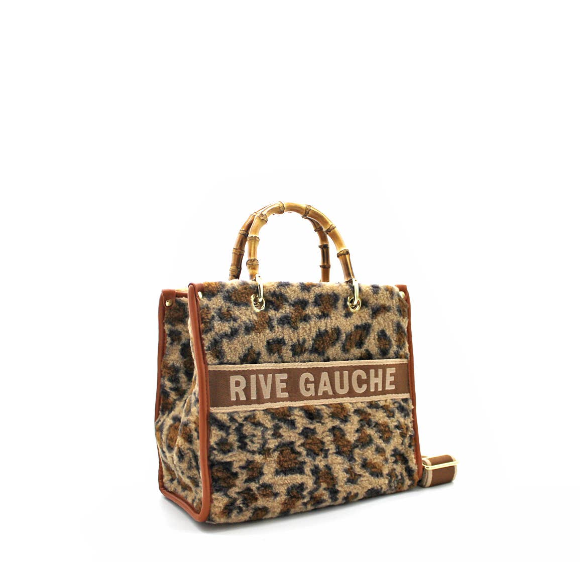 Leopard Quilted Handbag With Bamboo Handles- Camel