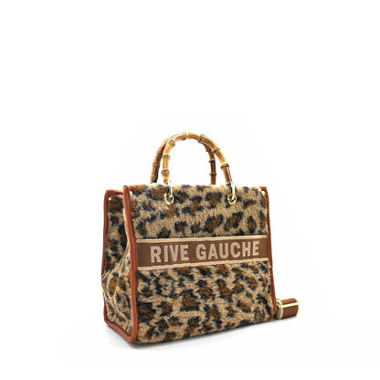 Leopard Quilted Handbag With Bamboo Handles- Camel