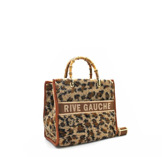 Leopard Quilted Handbag With Bamboo Handles- Camel