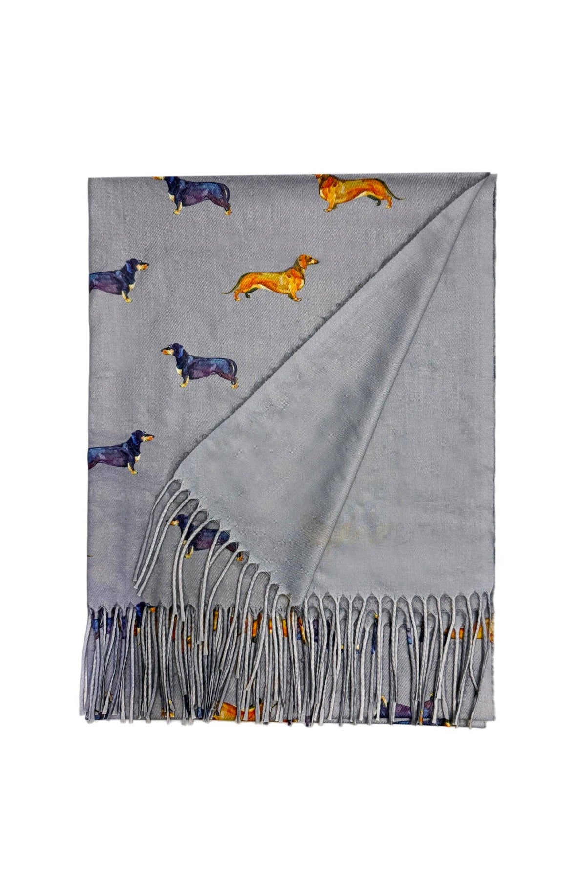Dachshund Sausage Dog Print Tassel Scarf- Grey