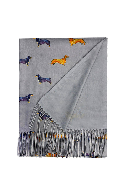 Dachshund Sausage Dog Print Tassel Scarf- Grey