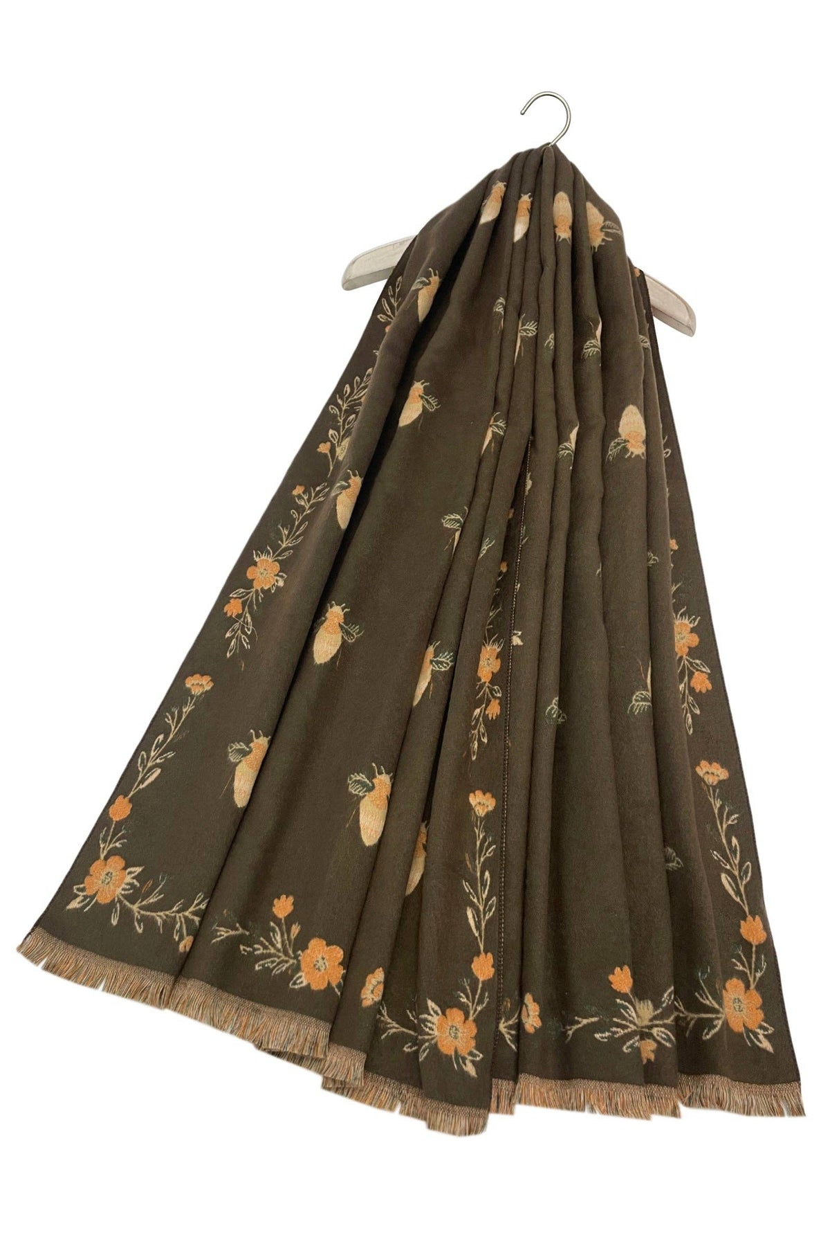 Bee & Floral Soft Woven Frayed Scarf Brown