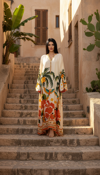 Exotic Sunset & Parrot Long-Sleeve Kaftan (One Size)