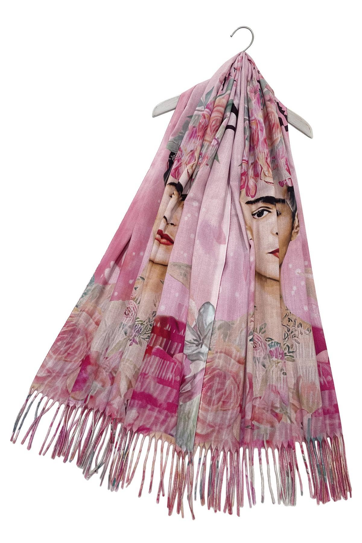 Frida-Inspired Mexican Art Floral Portrait Print Wool Tassel Scarf Pink