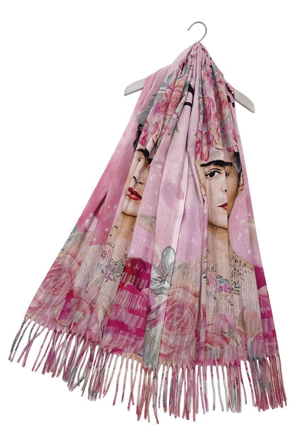 Frida-Inspired Mexican Art Floral Portrait Print Wool Tassel Scarf Pink