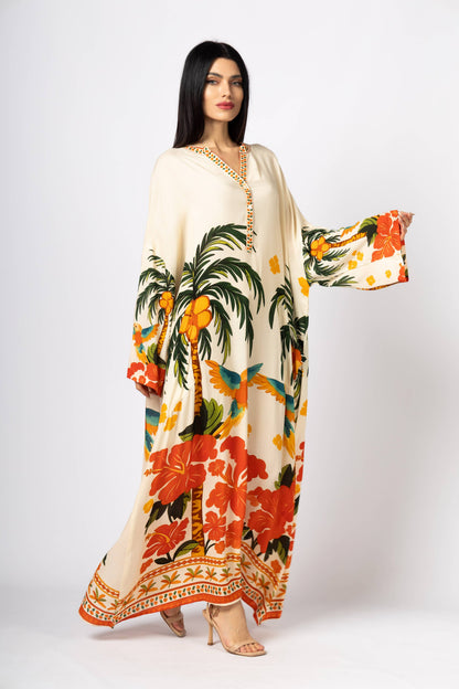 Exotic Sunset & Parrot Long-Sleeve Kaftan (One Size)