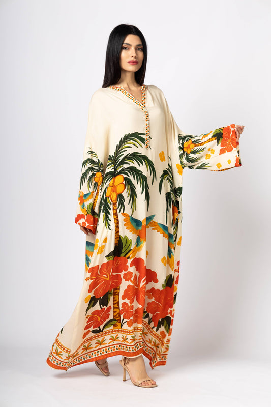 Exotic Sunset & Parrot Long-Sleeve Kaftan (One Size)