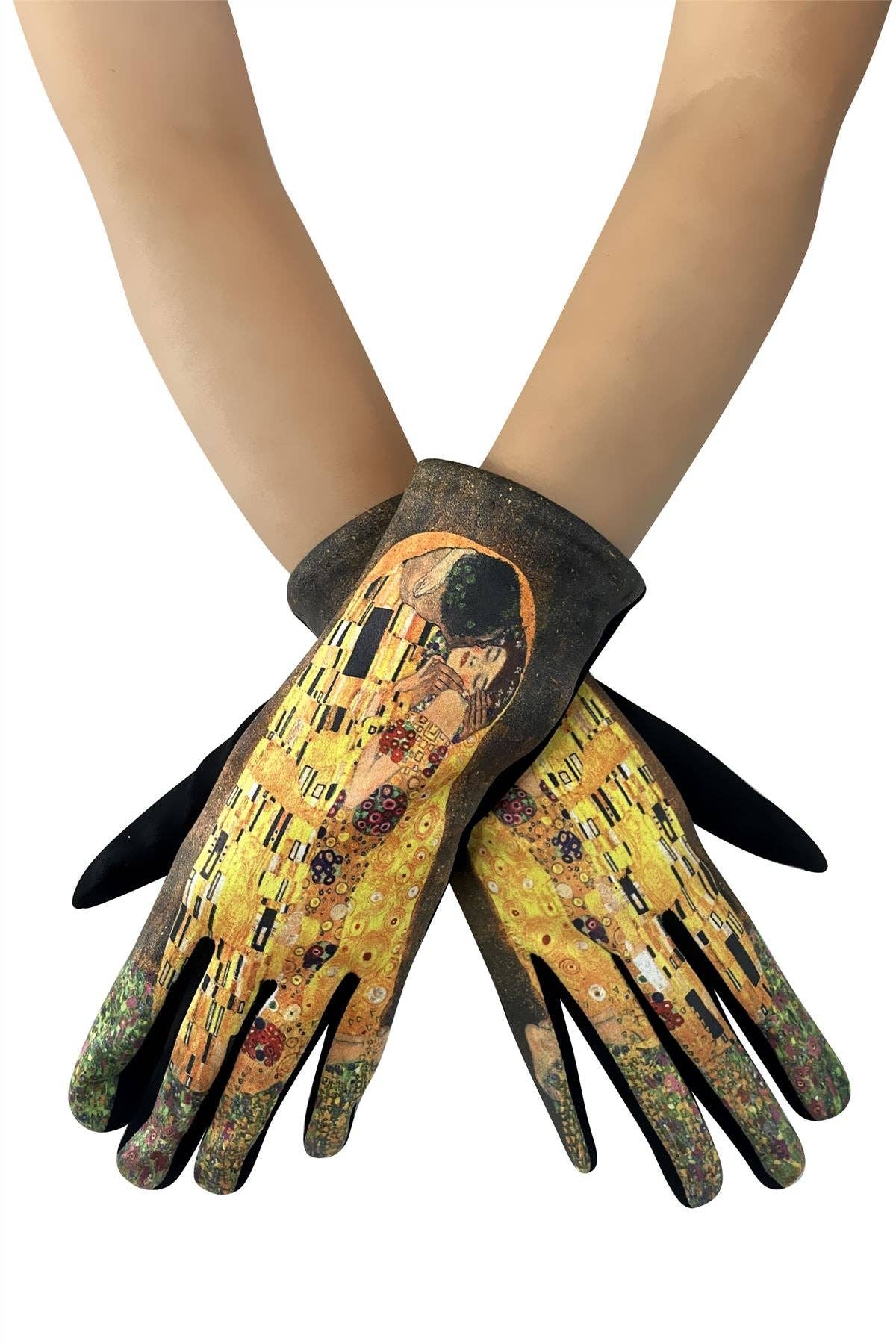 Klimt The Kiss Print Suede Touchscreen Gloves- Black