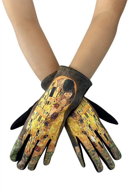Klimt The Kiss Print Suede Touchscreen Gloves- Black