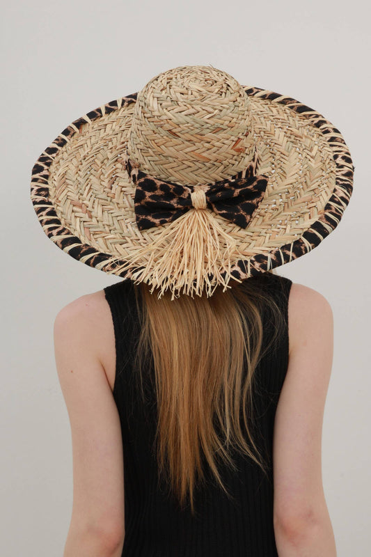 Leopard Knot Straw Hat Black