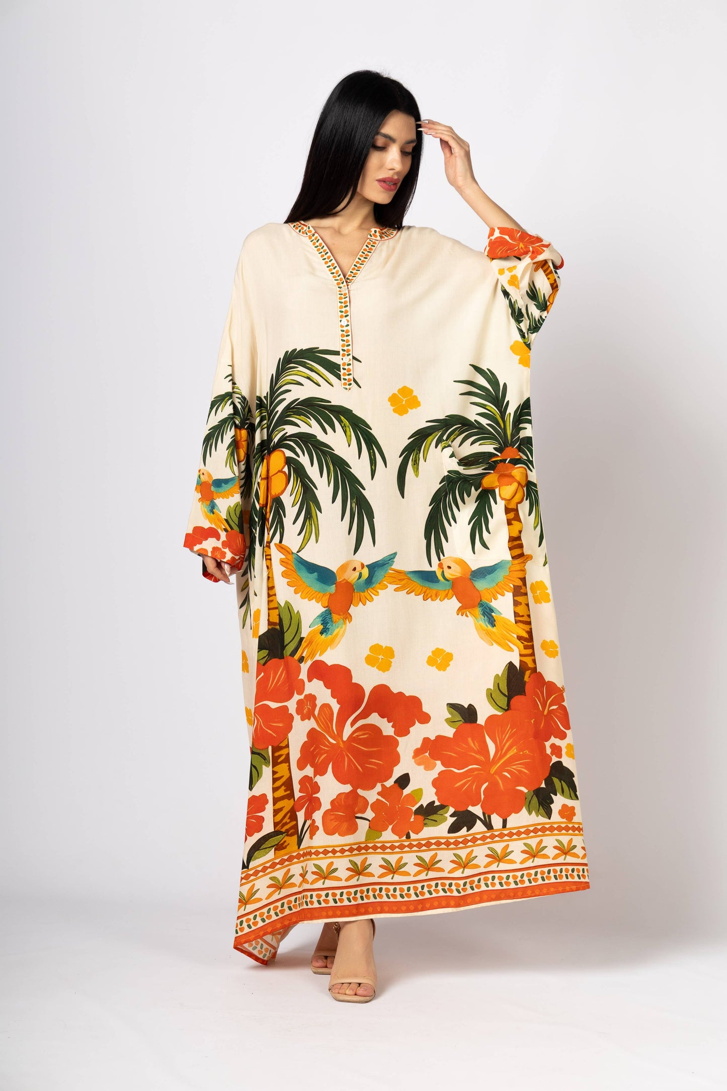 Exotic Sunset & Parrot Long-Sleeve Kaftan (One Size)