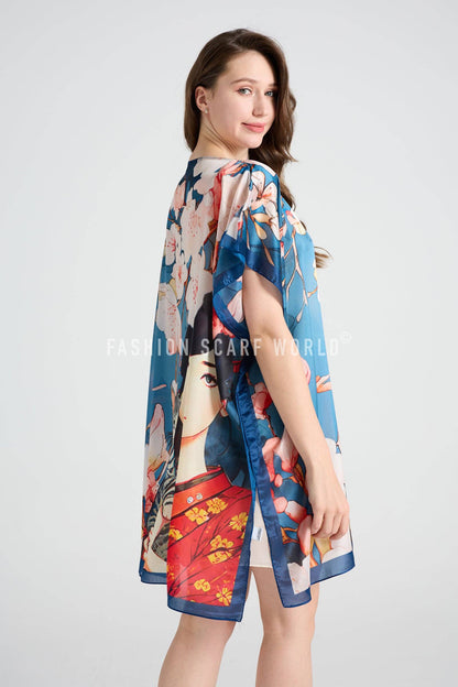 Japanese Lady & Cat Blossom Print Silk Cover Up
