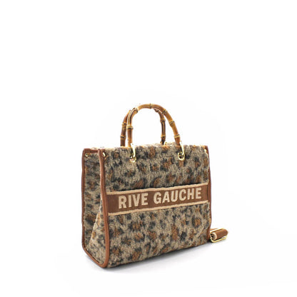 Leopard Quilted Handbag With Bamboo Handles- Camel