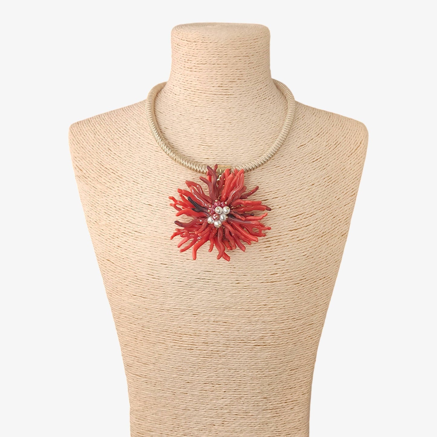 Red Coral Flower Collar Necklace Coastal Statement Jewelry