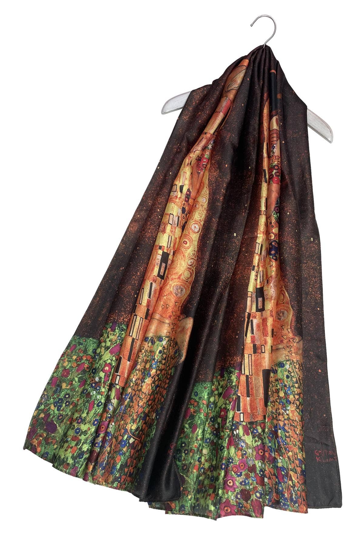 Klimt 'The Kiss' Painting Print Silk Mix Scarf-Brown