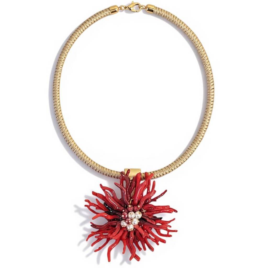 Red Coral Flower Collar Necklace Coastal Statement Jewelry