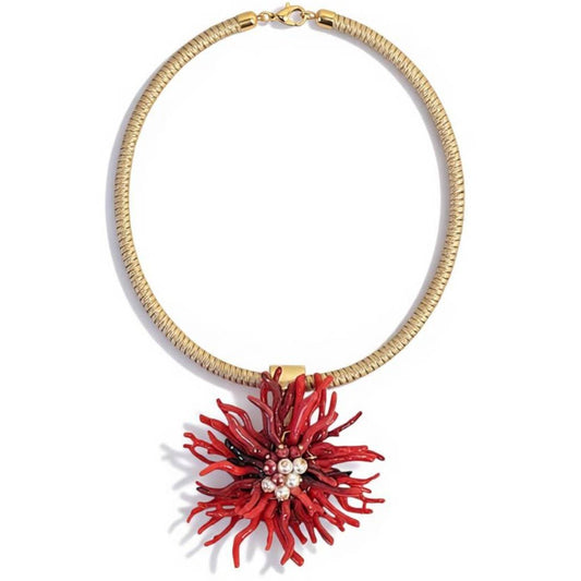 Red Coral Flower Collar Necklace Coastal Statement Jewelry