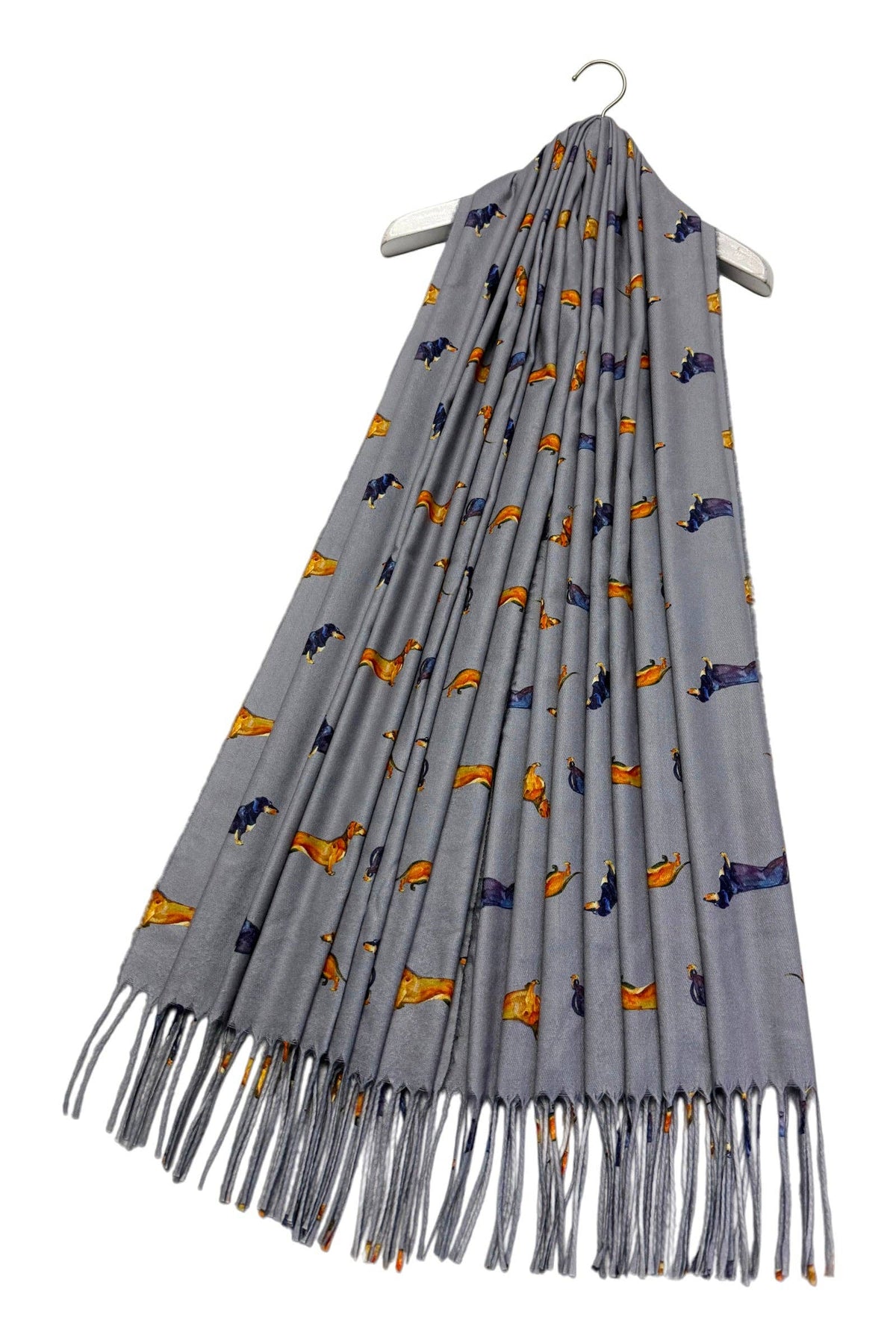 Dachshund Sausage Dog Print Tassel Scarf- Grey