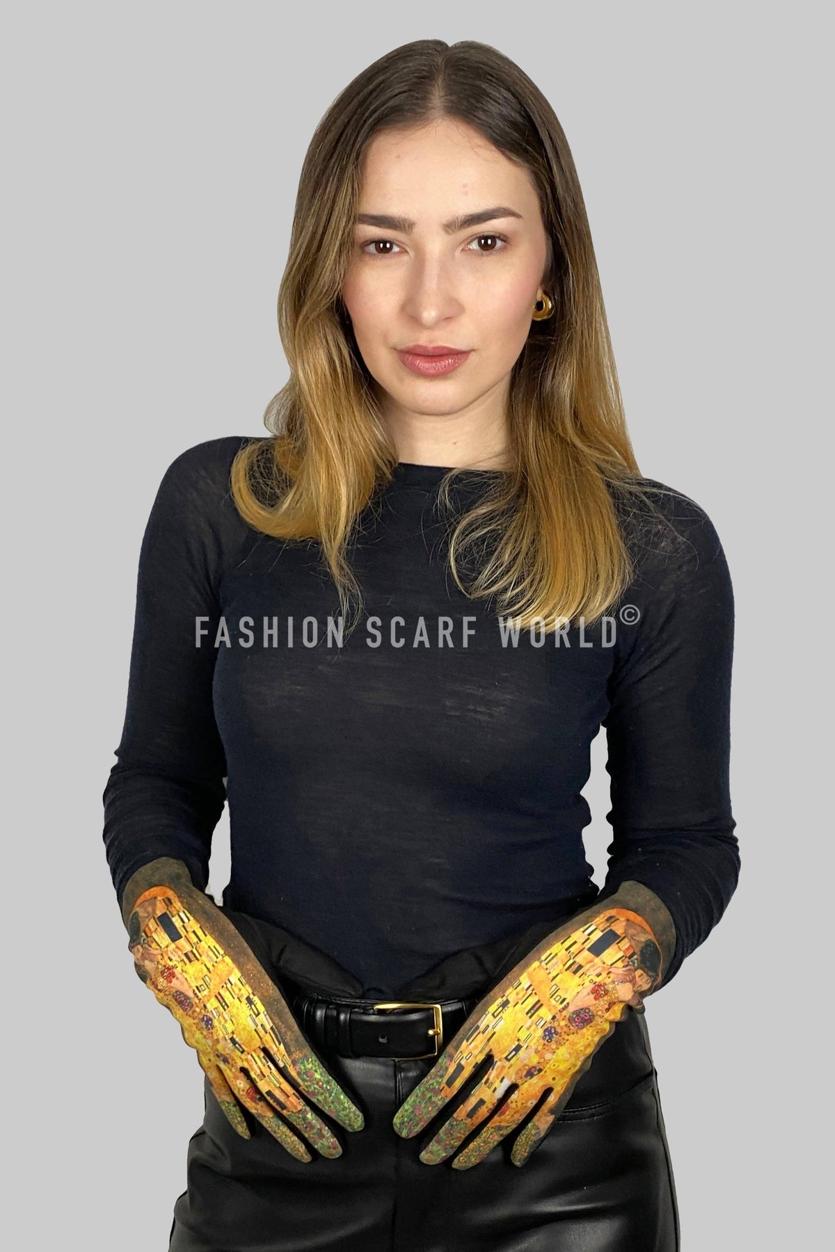 Klimt The Kiss Print Suede Touchscreen Gloves- Black