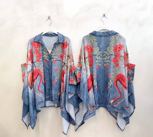 Jeans & Pink Flamingo Pancho (One Size)