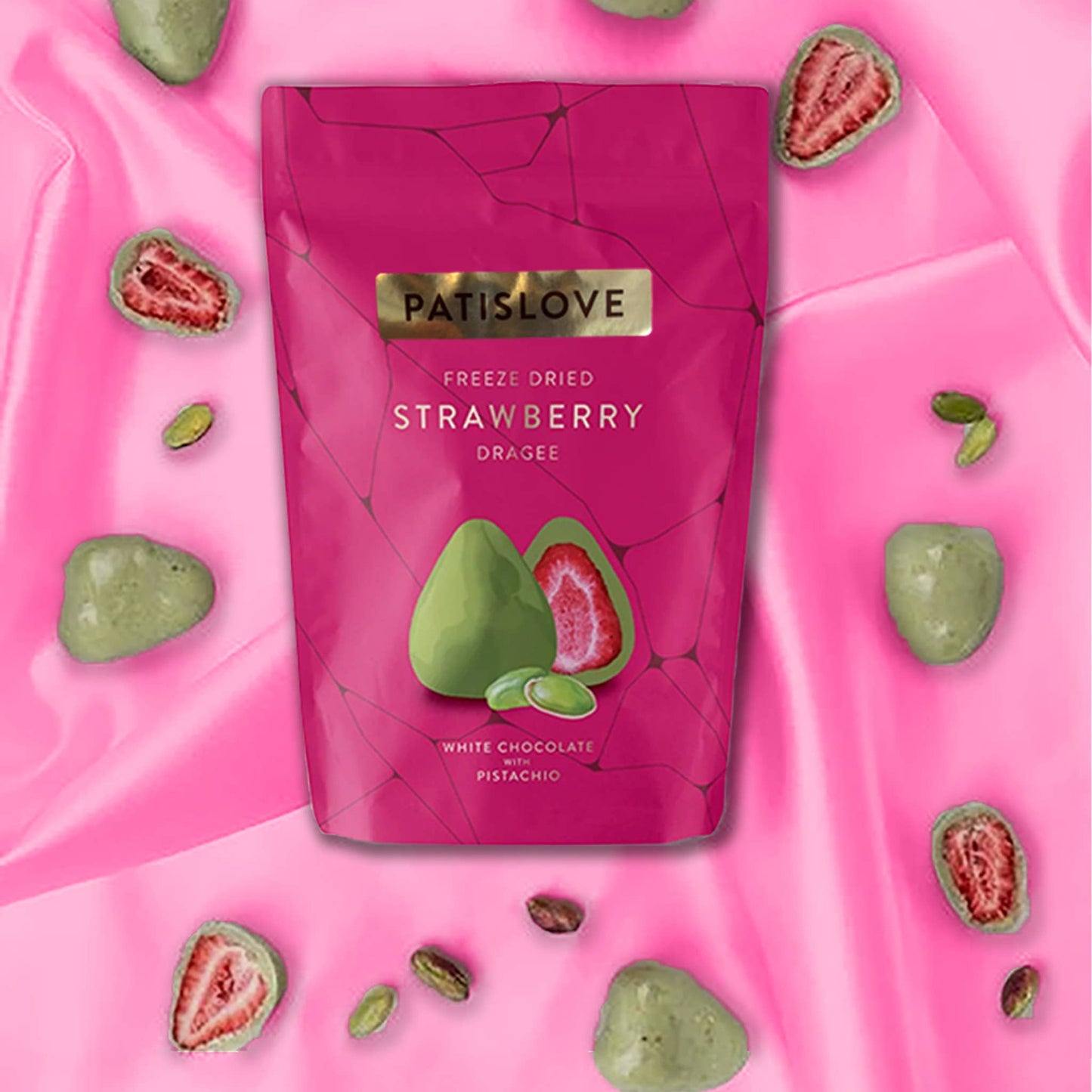 Pistachio White Chocolate Covered Freeze-Dried Strawberry