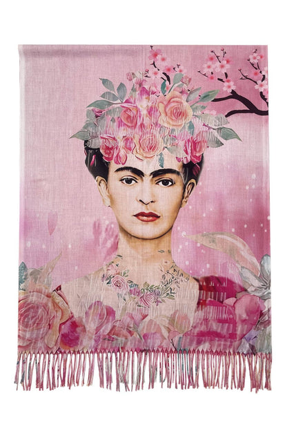 Frida-Inspired Mexican Art Floral Portrait Print Wool Tassel Scarf Pink
