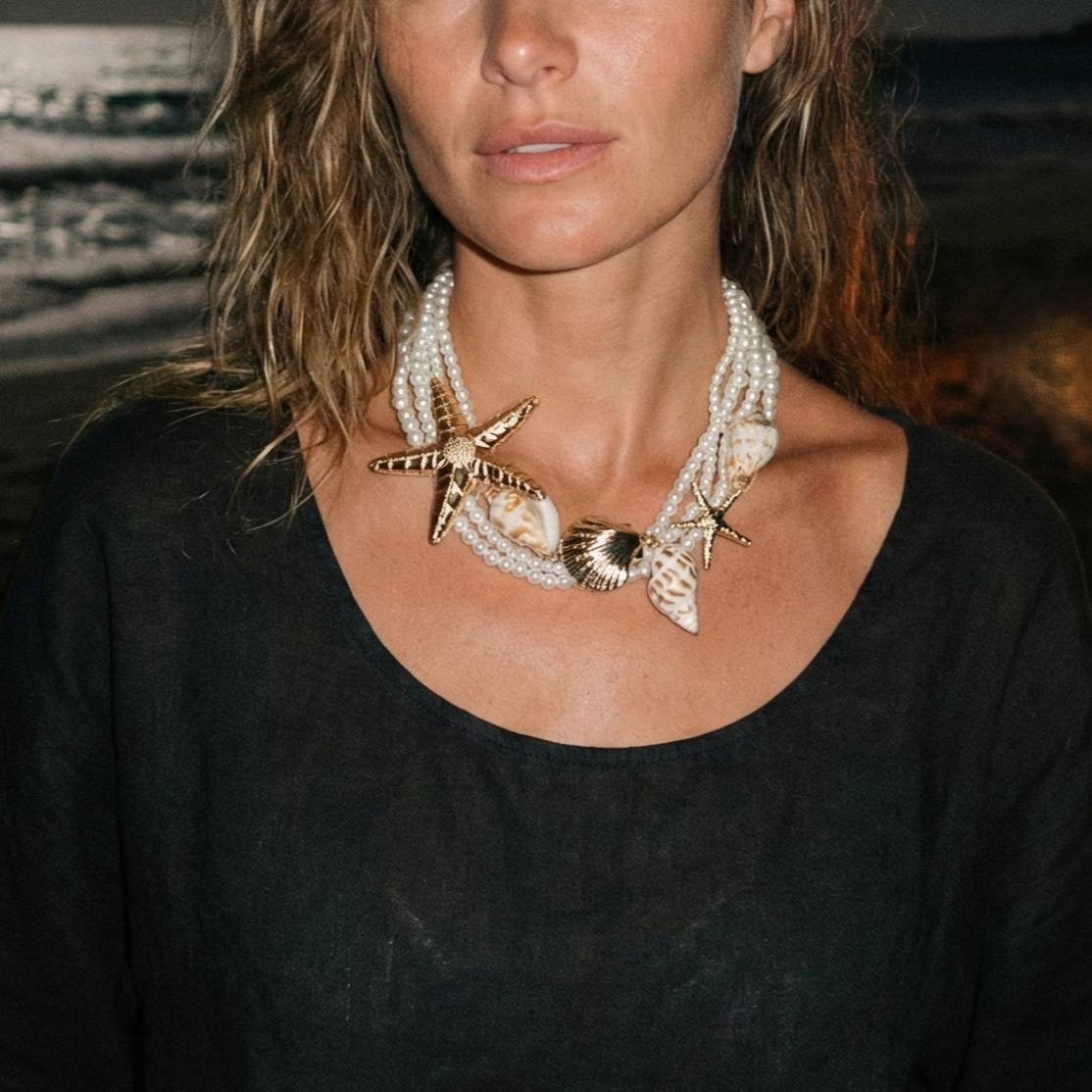 Starfish & Shell Pearl Necklace Summer Statement Jewelry
